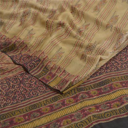 Санскритские винтажные сари бледно-кремовый чистый креп шелк с принтом сари 5 ярдов ткань для рукоделия из экологически чистой ткани