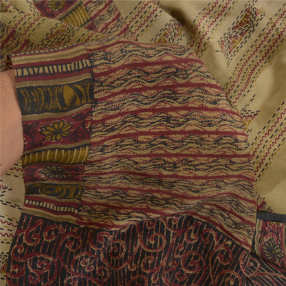 Санскритские винтажные сари бледно-кремовый чистый креп шелк с принтом сари 5 ярдов ткань для рукоделия из экологически чистой ткани