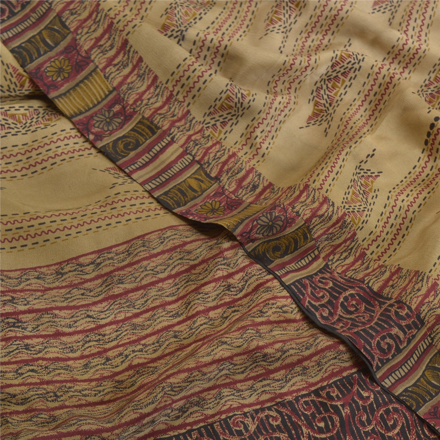 Санскритские винтажные сари бледно-кремовый чистый креп шелк с принтом сари 5 ярдов ткань для рукоделия из экологически чистой ткани
