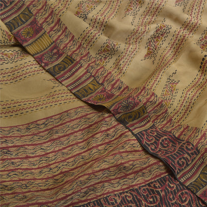 Санскритские винтажные сари бледно-кремовый чистый креп шелк с принтом сари 5 ярдов ткань для рукоделия из экологически чистой ткани
