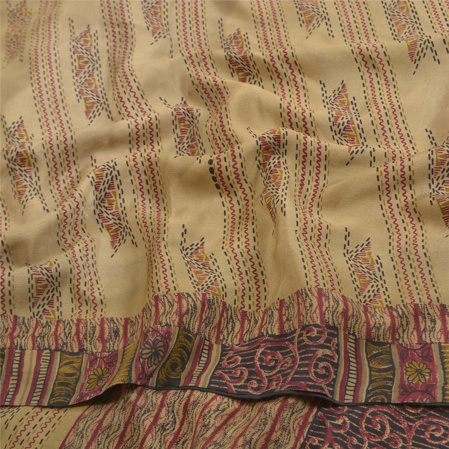 Санскритские винтажные сари бледно-кремовый чистый креп шелк с принтом сари 5 ярдов ткань для рукоделия из экологически чистой ткани