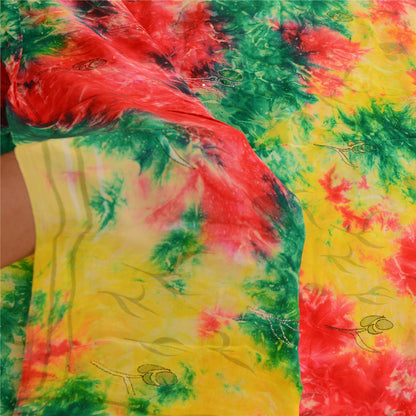 Sanskriti Vintage Sarees Multi Tie-Dye Embroidered Pure Crepe Silk Sari Sustainable Fabric