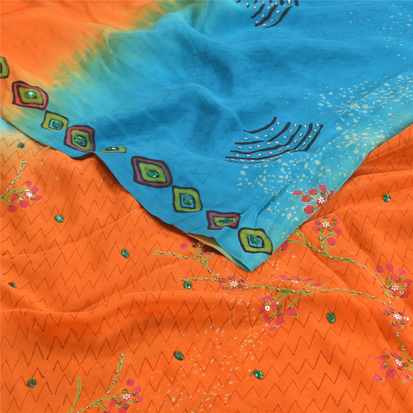 Сари в винтажном стиле на санскрите, оранжевое, расшитое вручную бисером, сари из чистого крепированного шелка, устойчивая ткань