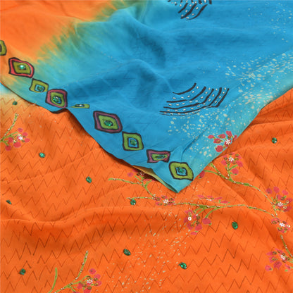 Сари в винтажном стиле на санскрите, оранжевое, расшитое вручную бисером, сари из чистого крепированного шелка, устойчивая ткань