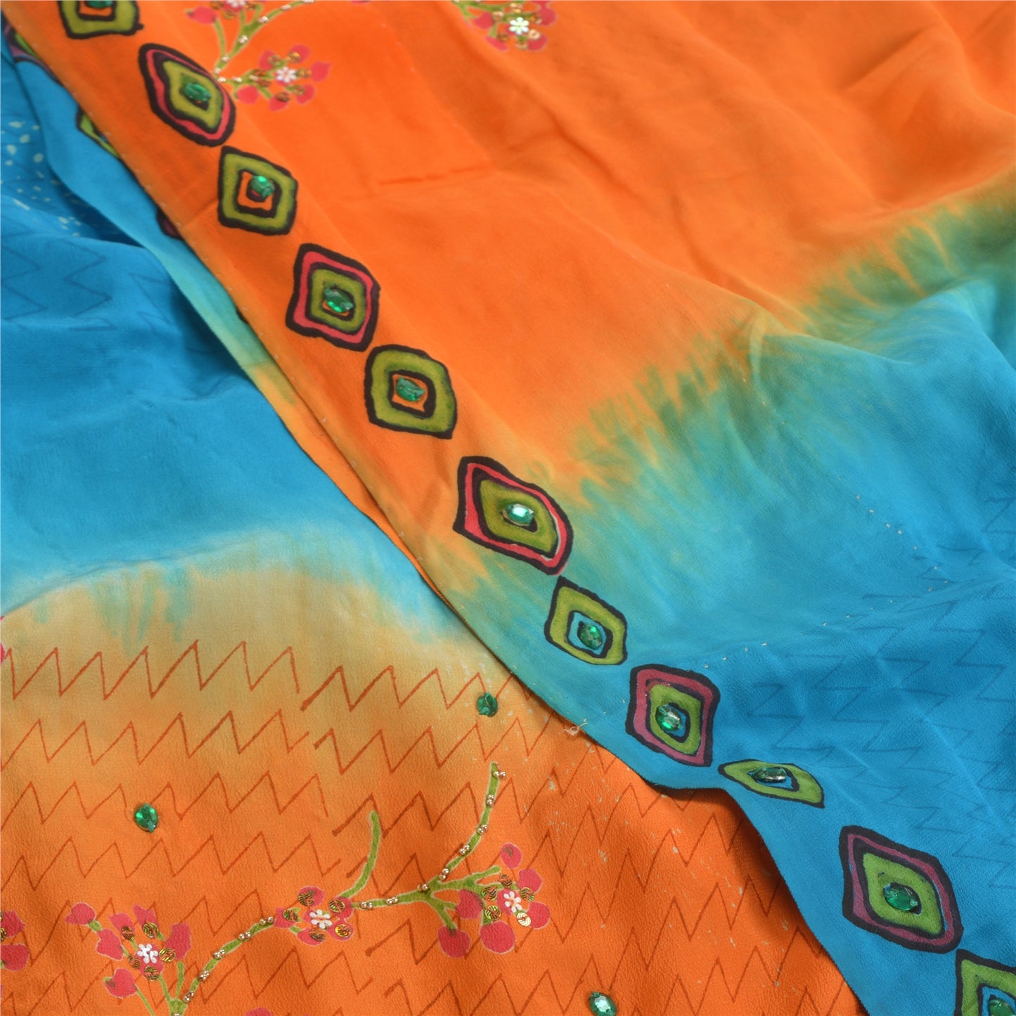 Сари в винтажном стиле на санскрите, оранжевое, расшитое вручную бисером, сари из чистого крепированного шелка, устойчивая ткань