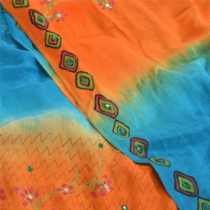 Сари в винтажном стиле на санскрите, оранжевое, расшитое вручную бисером, сари из чистого крепированного шелка, устойчивая ткань