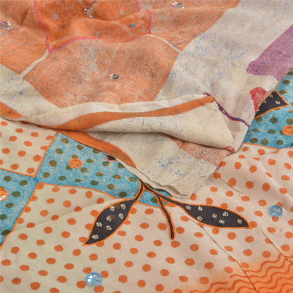 Sanskriti Vintage Sarees Multi Hand Beaded Printed Pure Crepe Silk Sari Sustainable Fabric