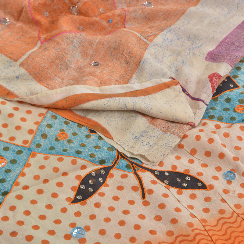 Sanskriti Vintage Sarees Multi Hand Beaded Printed Pure Crepe Silk Sari Sustainable Fabric