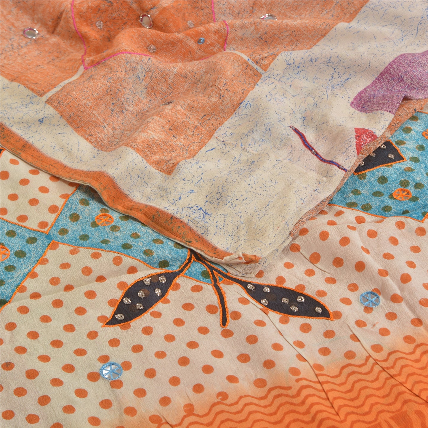 Sanskriti Vintage Sarees Multi Hand Beaded Printed Pure Crepe Silk Sari Sustainable Fabric