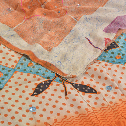 Sanskriti Vintage Sarees Multi Hand Beaded Printed Pure Crepe Silk Sari Sustainable Fabric