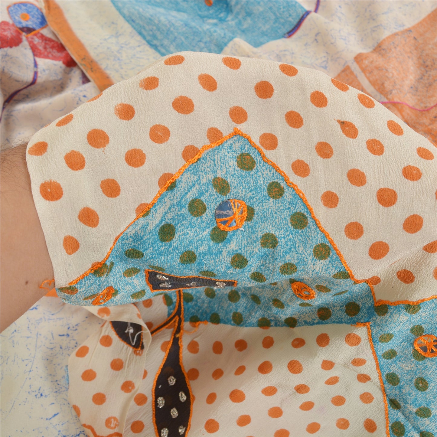 Sanskriti Vintage Sarees Multi Hand Beaded Printed Pure Crepe Silk Sari Sustainable Fabric