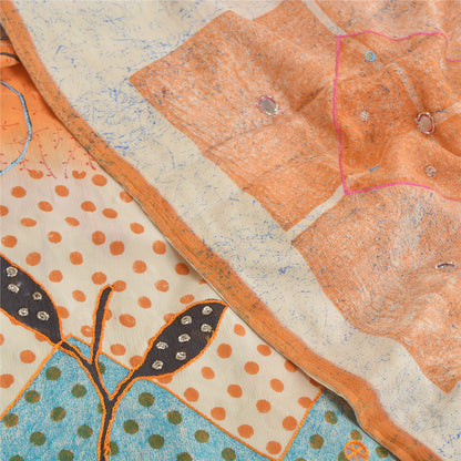 Sanskriti Vintage Sarees Multi Hand Beaded Printed Pure Crepe Silk Sari Sustainable Fabric