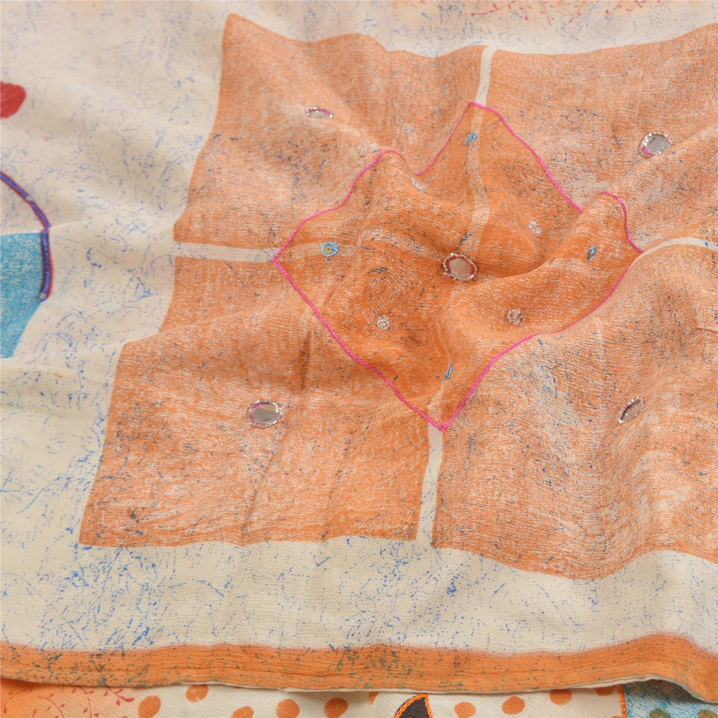 Sanskriti Vintage Sarees Multi Hand Beaded Printed Pure Crepe Silk Sari Sustainable Fabric