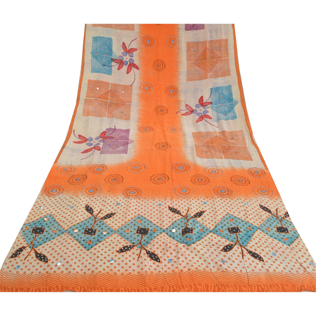 Sanskriti Vintage Sarees Multi Hand Beaded Printed Pure Crepe Silk Sari Sustainable Fabric