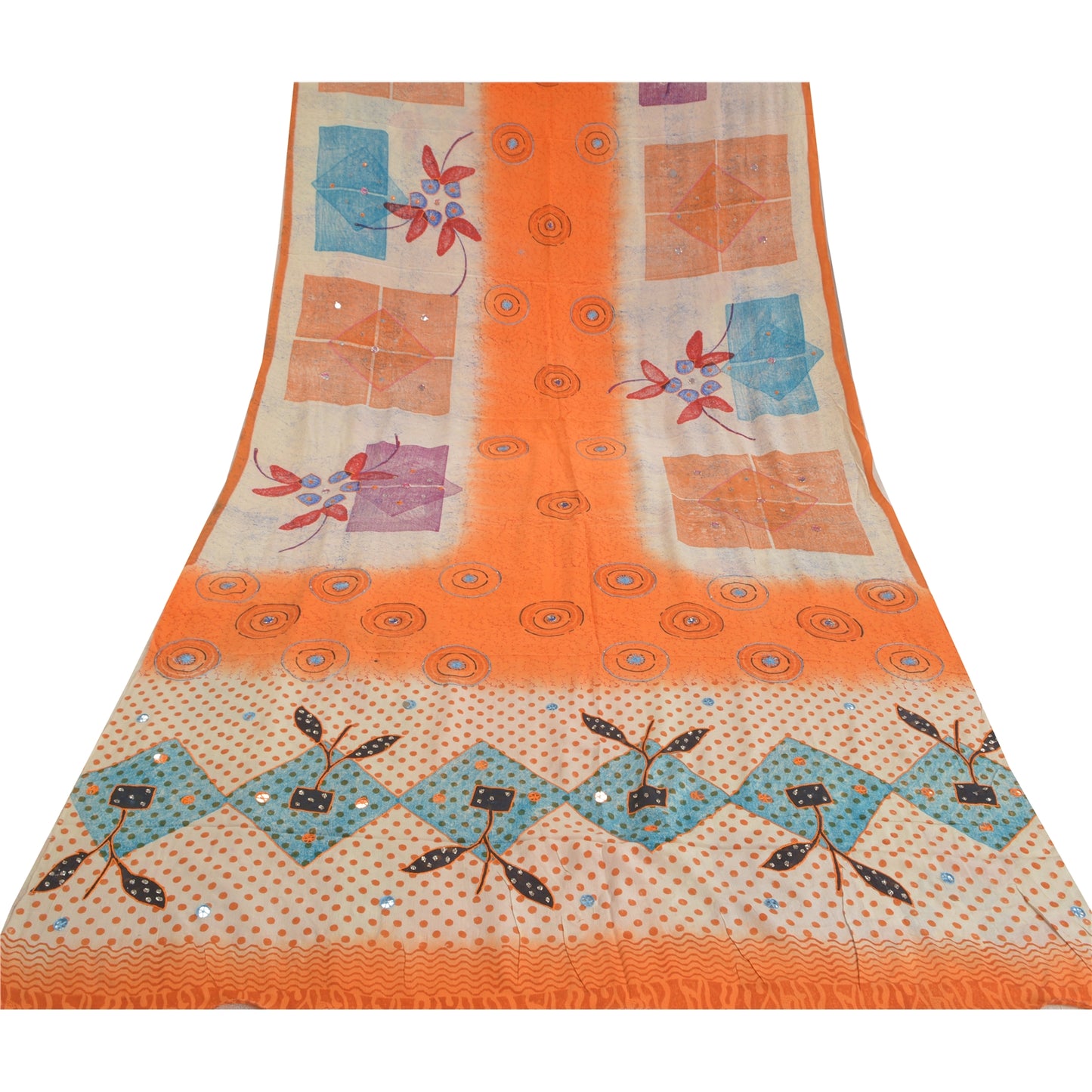 Sanskriti Vintage Sarees Multi Hand Beaded Printed Pure Crepe Silk Sari Sustainable Fabric