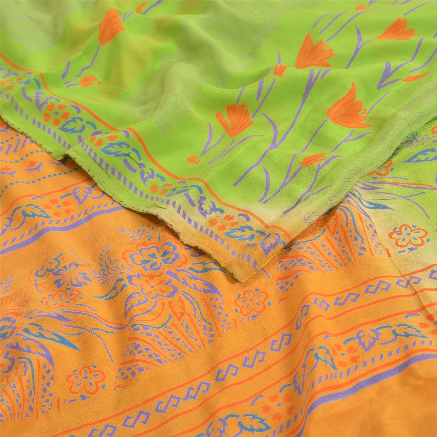 Sanskriti Vintage Sarees Multi Pure Crepe Silk Printed Sari Floral Craft Sustainable Fabric