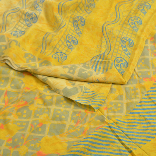Санскритские винтажные сари индийский желтый чистый креп шелк напечатанный сари ремесло устойчивая ткань