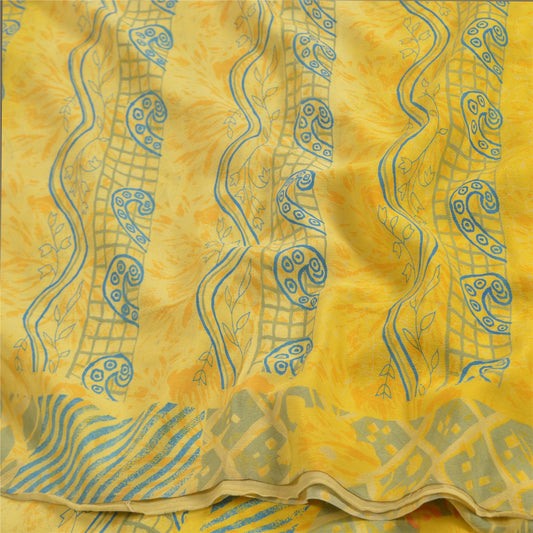 Санскритские винтажные сари индийский желтый чистый креп шелк напечатанный сари ремесло устойчивая ткань