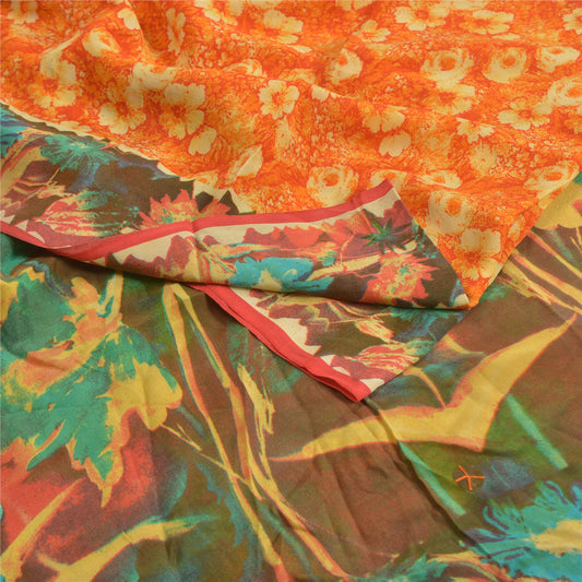 Sanskriti Vintage Orange Sarees 100% Pure Crepe Silk Printed Sari Craft Sustainable Fabric