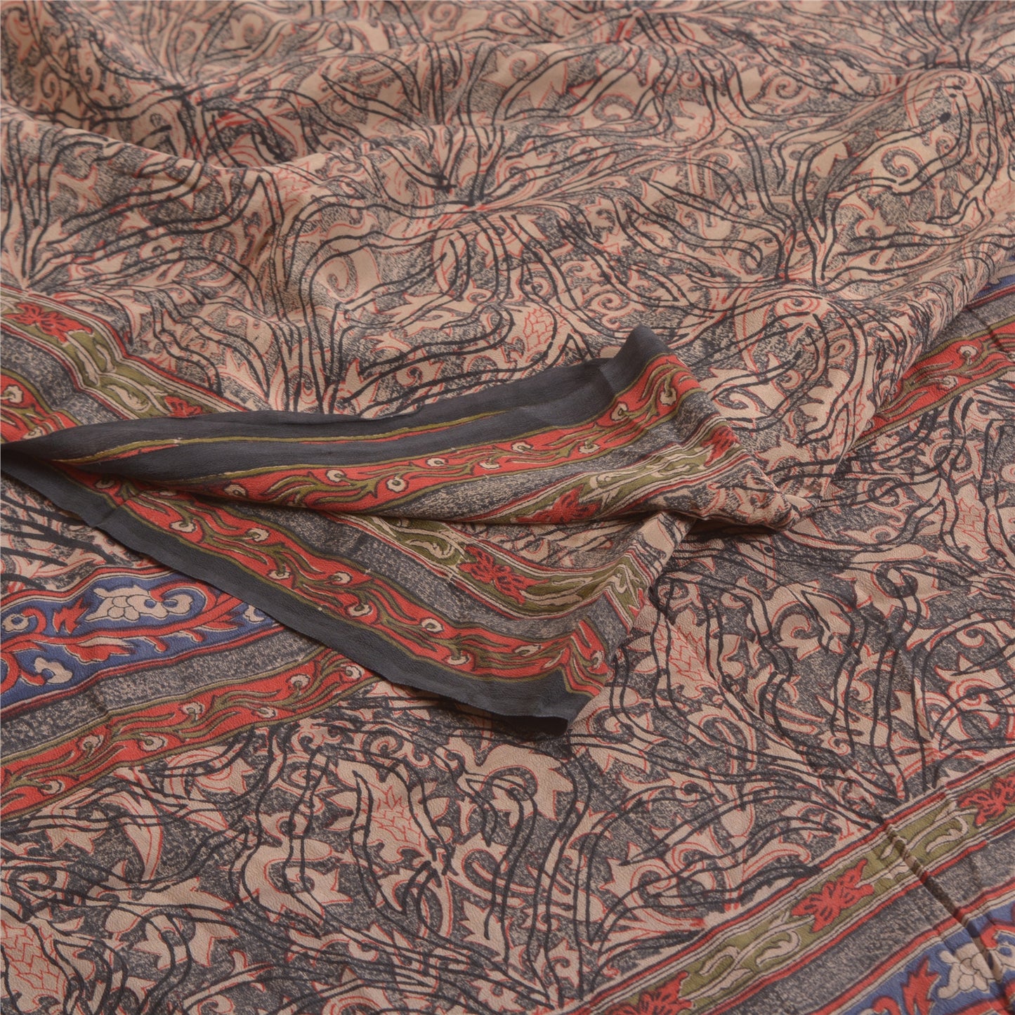 Sanskriti Vintage Sarees Indian Black Pure Crepe Silk Printed Sari Craft Sustainable Fabric