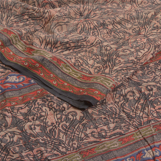 Sanskriti Vintage Sarees Indisk Sort Ren Crepe Silke Trykt Sari Håndværk Bæredygtigt Stof