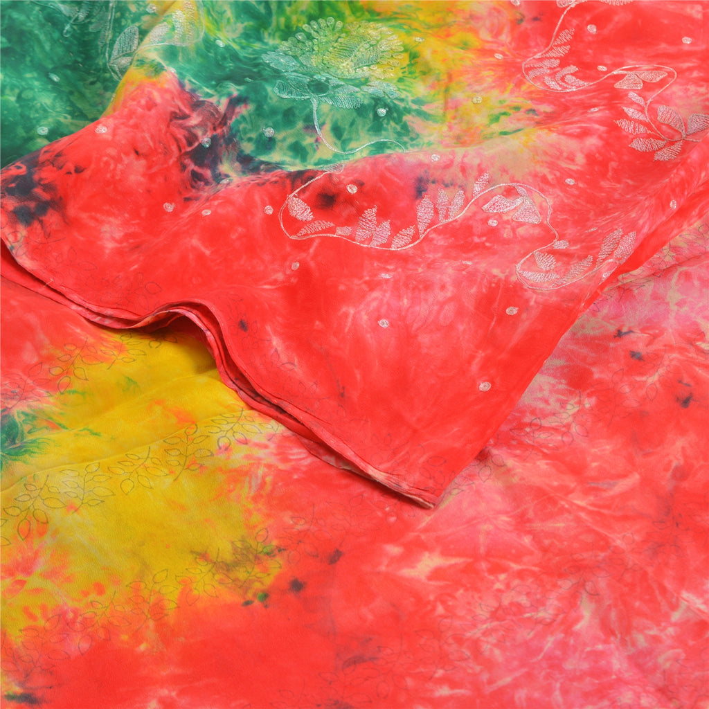 Sanskriti Vintage Sarees Indian Multi Tie-Dye Pure Crepe Silk Sari Craft Sustainable Fabric