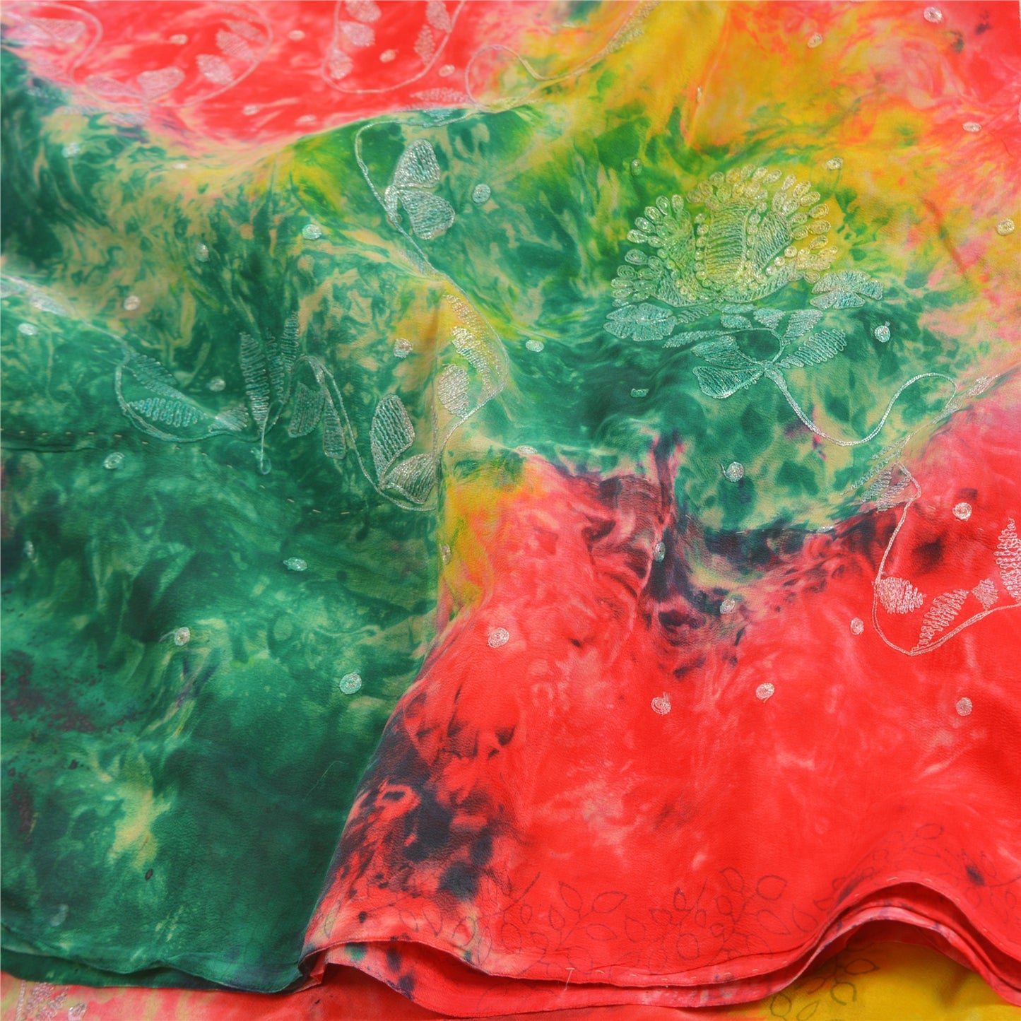 Sanskriti Vintage Sarees Indian Multi Tie-Dye Pure Crepe Silk Sari Craft Sustainable Fabric