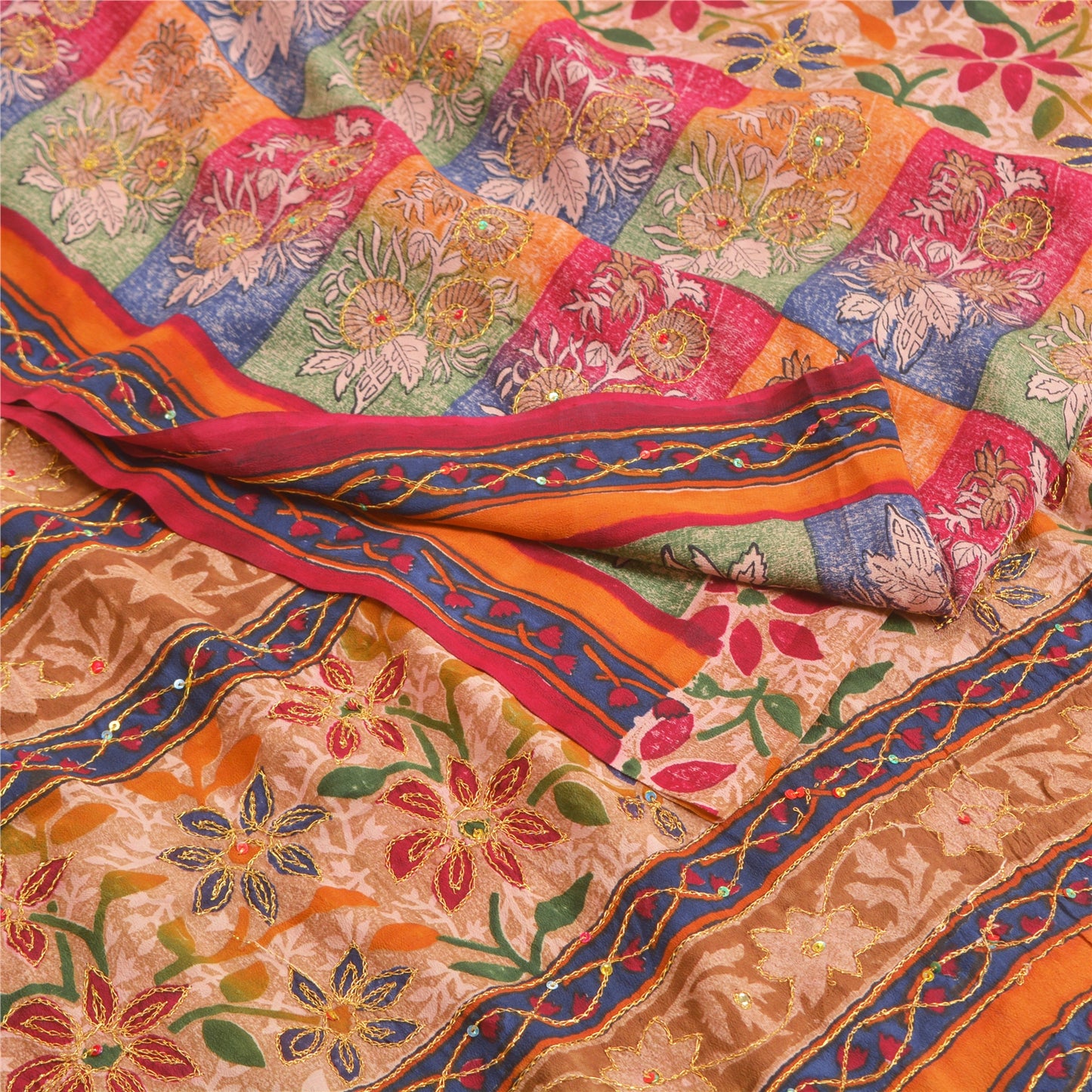 Sanskriti Vintage Sarees Multi Hand Beaded Pure Crepe Silk Sari 5yd Craft Sustainable Fabric