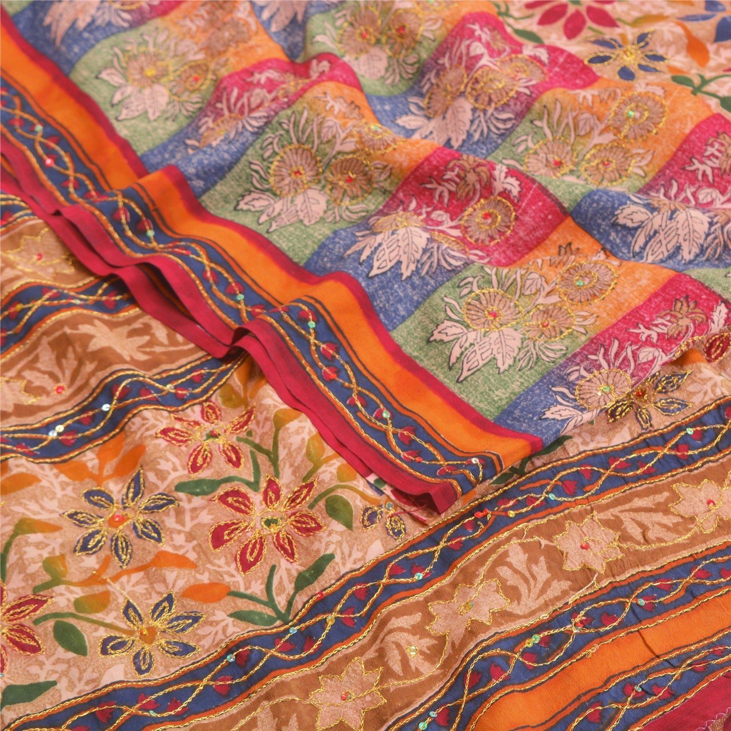 Sanskriti Vintage Sarees Multi Hand Beaded Pure Crepe Silk Sari 5yd Craft Sustainable Fabric