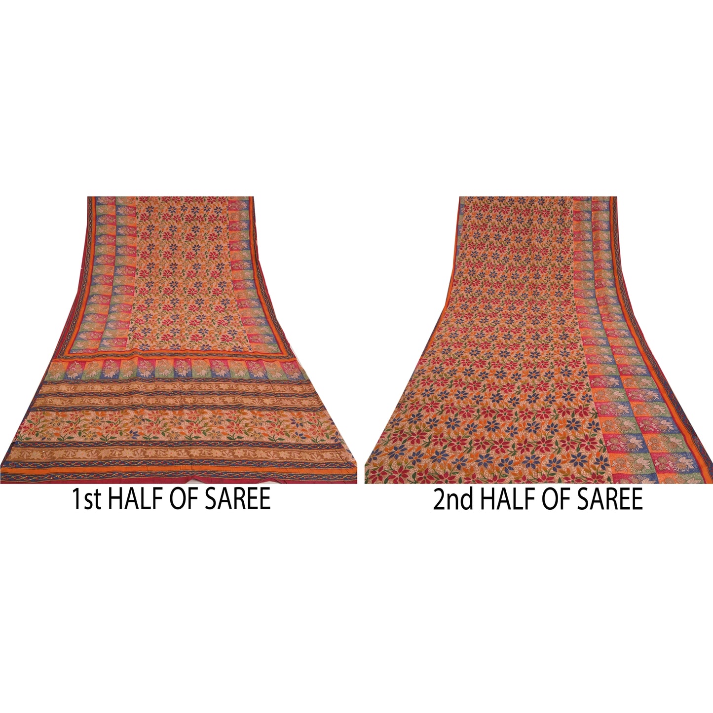 Sanskriti Vintage Sarees Multi Hand Beaded Pure Crepe Silk Sari 5yd Craft Sustainable Fabric