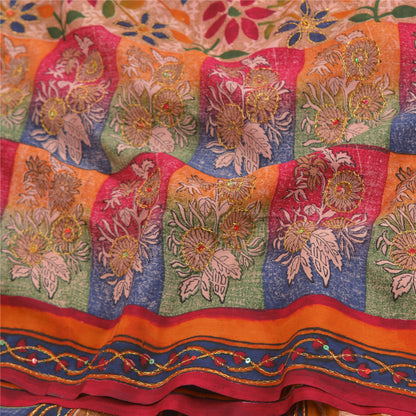 Sanskriti Vintage Sarees Multi Hand Beaded Pure Crepe Silk Sari 5yd Craft Sustainable Fabric