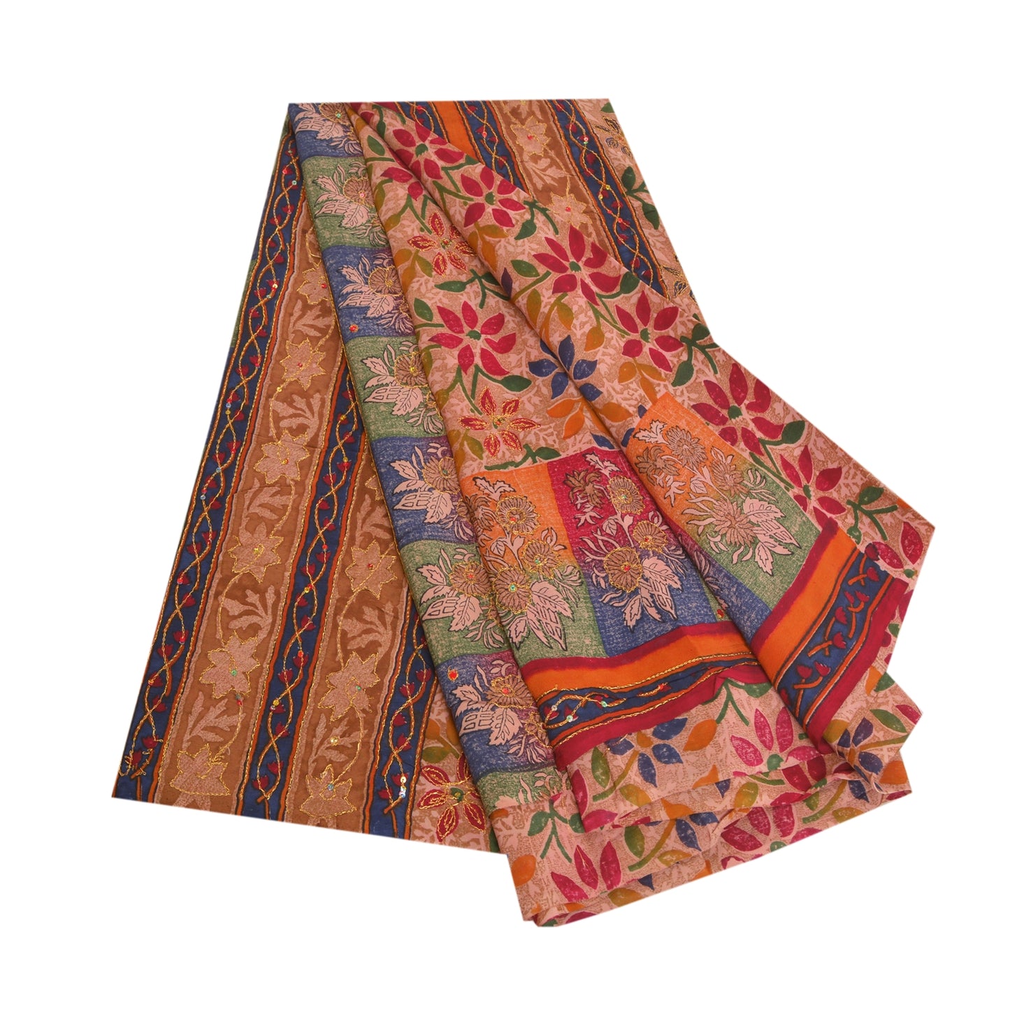 Sanskriti Vintage Sarees Multi Hand Beaded Pure Crepe Silk Sari 5yd Craft Sustainable Fabric