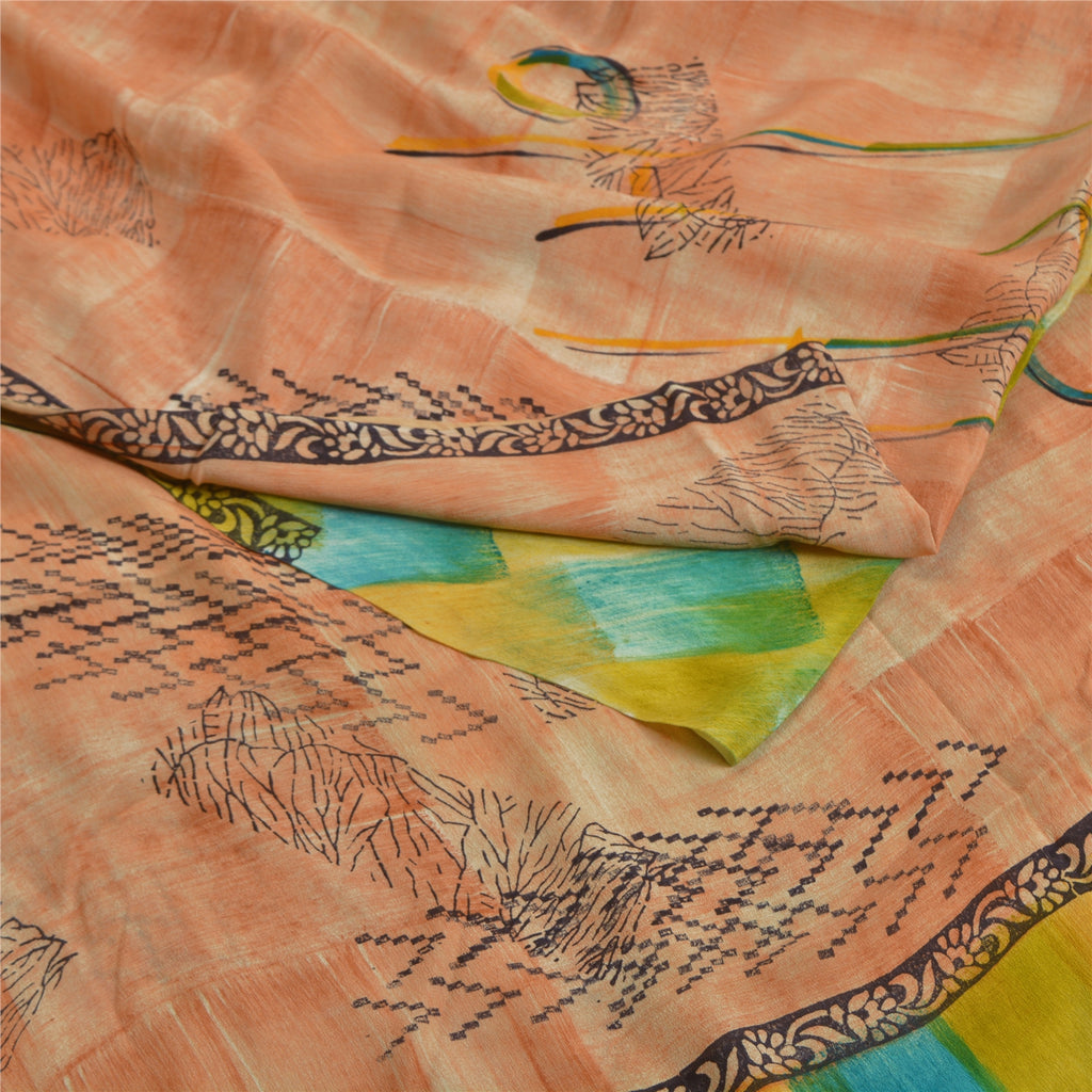 Sanskriti Vintage Sarees Peach Indian Pure Crepe Silk Printed Sari Craft Sustainable Fabric