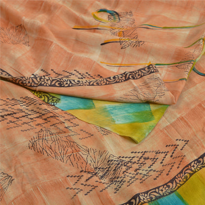 Sanskriti Vintage Sarees Peach Indian Pure Crepe Silk Printed Sari Craft Sustainable Fabric