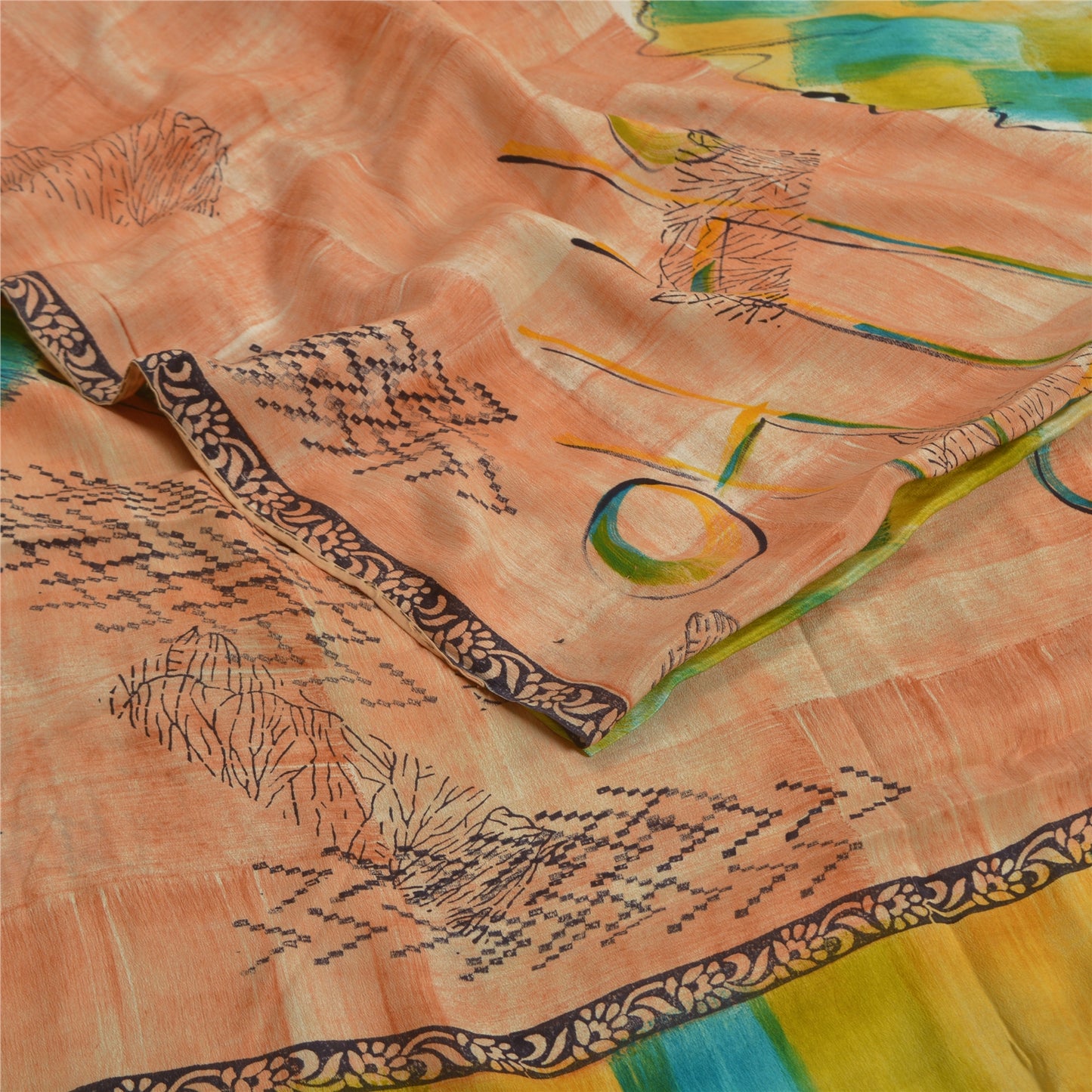 Sanskriti Vintage Sarees Peach Indian Pure Crepe Silk Printed Sari Craft Sustainable Fabric