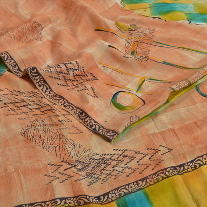 Sanskriti Vintage Sarees Peach Indian Pure Crepe Silk Printed Sari Craft Sustainable Fabric
