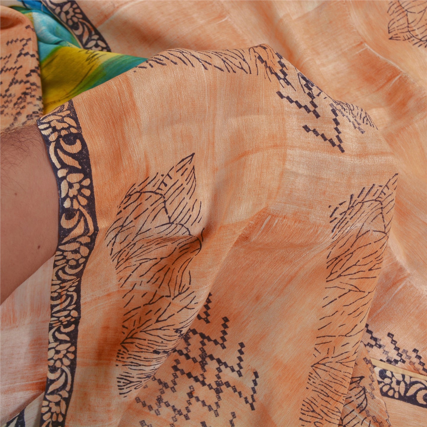 Sanskriti Vintage Sarees Peach Indian Pure Crepe Silk Printed Sari Craft Sustainable Fabric