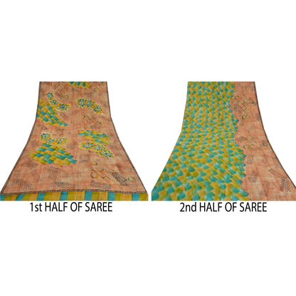 Sanskriti Vintage Sarees Peach Indian Pure Crepe Silk Printed Sari Craft Sustainable Fabric