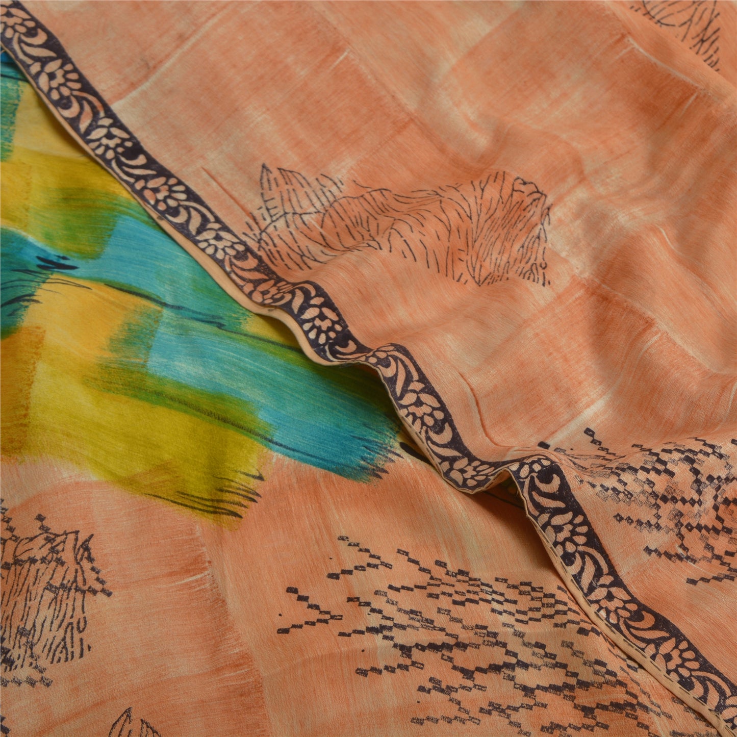 Sanskriti Vintage Sarees Peach Indian Pure Crepe Silk Printed Sari Craft Sustainable Fabric