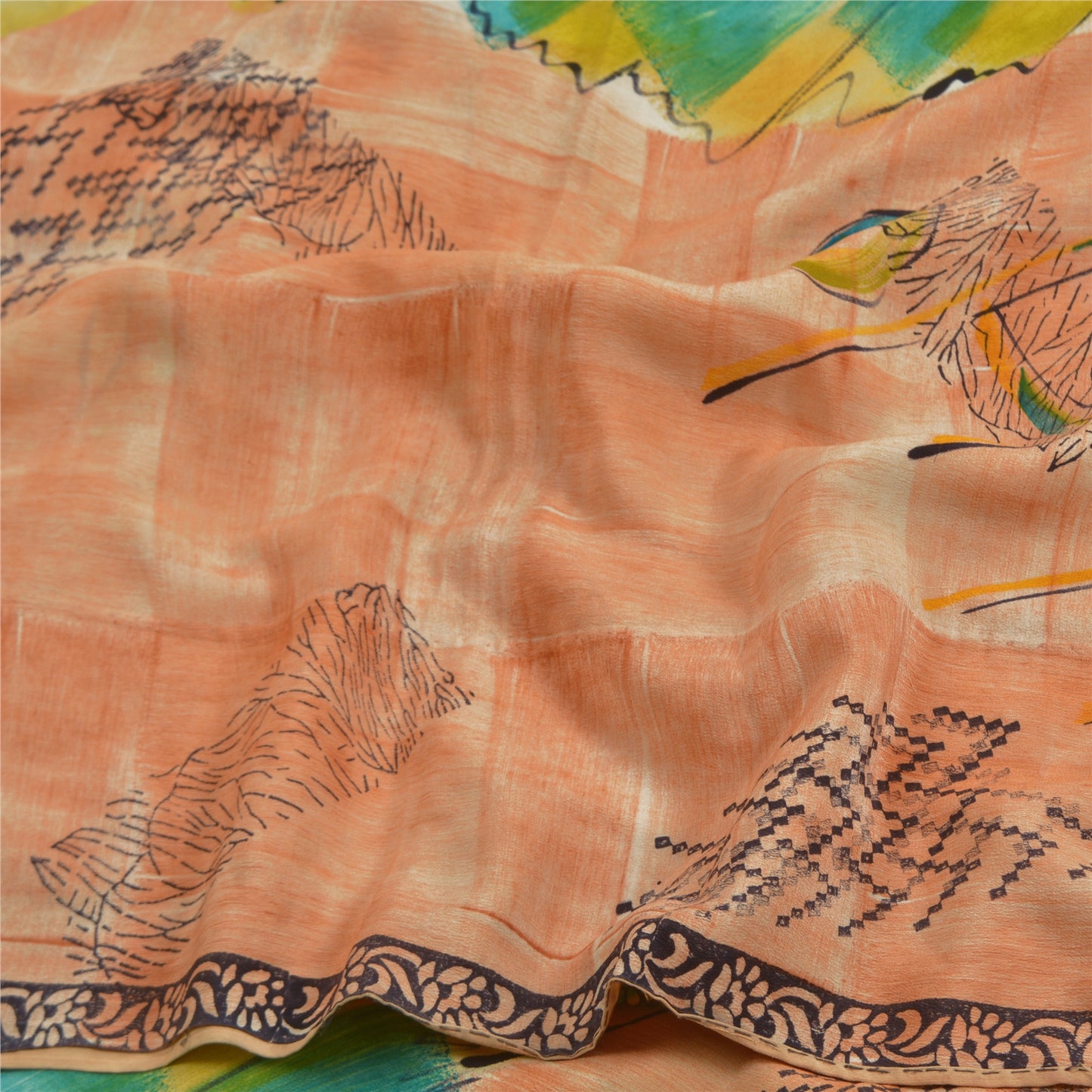 Sanskriti Vintage Sarees Peach Indian Pure Crepe Silk Printed Sari Craft Sustainable Fabric