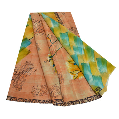 Sanskriti Vintage Sarees Peach Indian Pure Crepe Silk Printed Sari Craft Sustainable Fabric