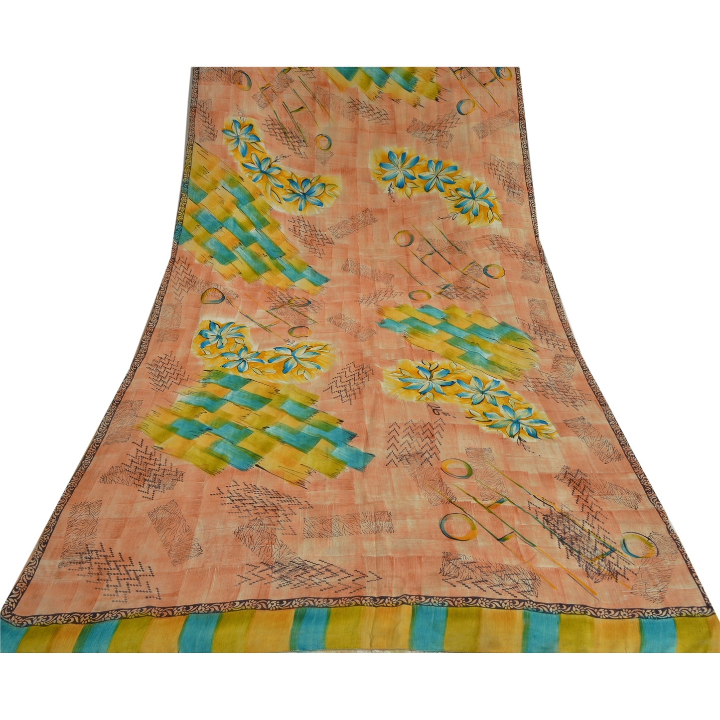 Sanskriti Vintage Sarees Peach Indian Pure Crepe Silk Printed Sari Craft Sustainable Fabric