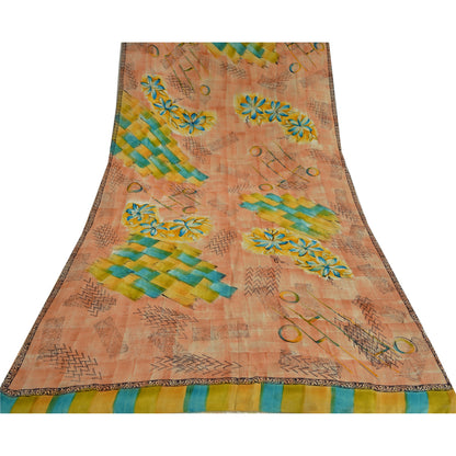 Sanskriti Vintage Sarees Peach Indian Pure Crepe Silk Printed Sari Craft Sustainable Fabric