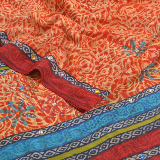 Сари в винтажном стиле на санскрите, оранжевое, расшитое вручную бисером, чистое креповое шелковое сари с принтом, устойчивая ткань