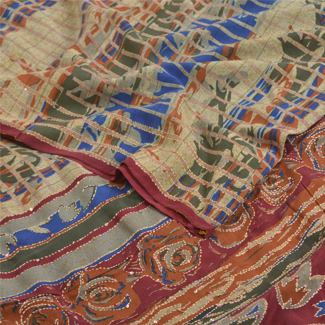 Sanskriti Vintage Sarees Hand Beaded Kantha Pure Crepe Silk Printed Sari Fabric