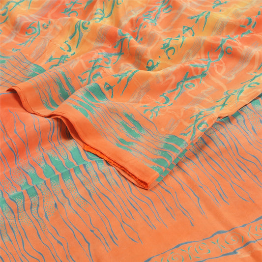 Sanskriti Vintage Sarees Peach 100% Pure Crepe Silk Printed Sari Craft Sustainable Fabric