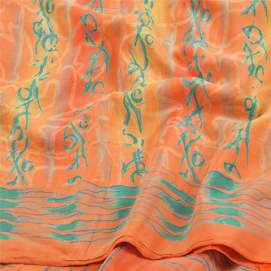 Sanskriti Vintage Sarees Peach 100% Pure Crepe Silk Printed Sari Craft Sustainable Fabric