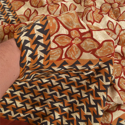 Sanskriti Vintage Sarees Red 100% Pure Crepe Silk Printed Sari Soft Craft Sustainable Fabric