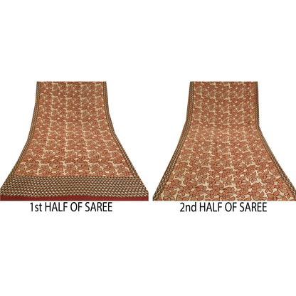 Sanskriti Vintage Sarees Red 100% Pure Crepe Silk Printed Sari Soft Craft Sustainable Fabric