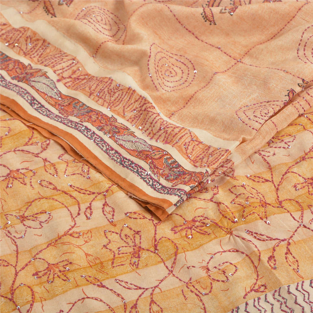 Sanskriti Vintage Sarees Cream HandBead Kantha Pure Crepe Silk Print Sari Fabric